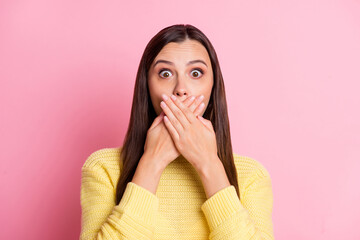 Photo of pretty sweet young woman dressed casual clothes arms cover mouth isolated pastel pink color background