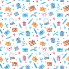 Watercolor Christmas and Happy New Year seamless pattern with Christmas toys and gifts