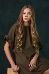 portrait of a beautiful girl teenager in the studio on a gray background