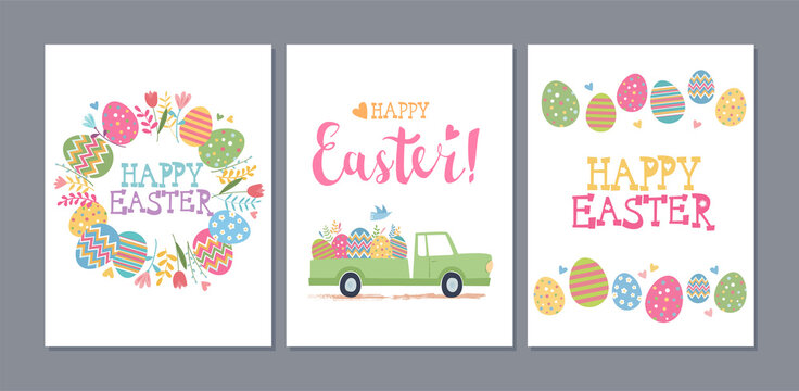 Set of Easter greeting cards with cute pickup truck and big colorful traditional eggs
