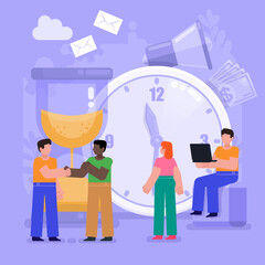 Time management, work schedule, planning. Group of people stand near big watches. Modern vector illustration