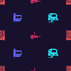 Set Electric jigsaw, construction stapler, Angle grinder and Vending machine on seamless pattern. Vector.