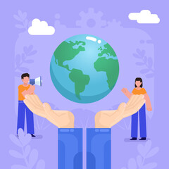 Day of the earth, ecological care. Big hands holding earth globe. Modern vector illustration