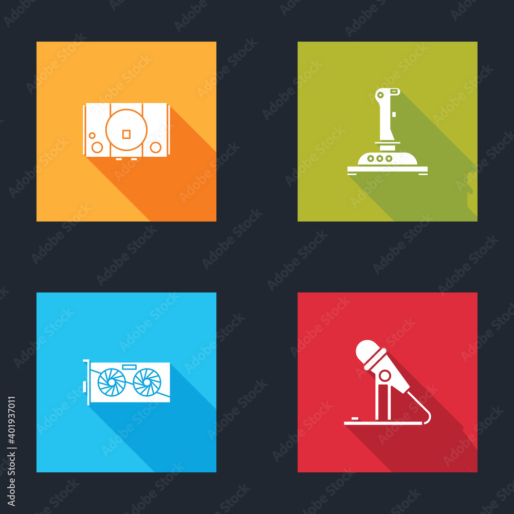 Poster set video game console, joystick for arcade machine, graphic card and microphone icon. vector.