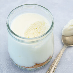 YOGURT MOUSSE IN JAR ON LIGHT BACKGROUND WITH SPOON BY SIDE
