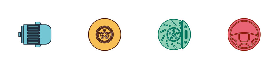 Set Electric engine, Car brake disk, with caliper and Steering wheel icon. Vector.