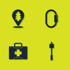 Set Location of the forest, Marshmallow stick, First aid kit and Carabiner icon. Vector.