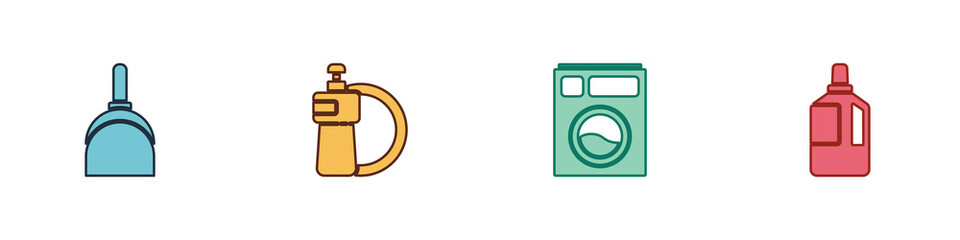 Set Dustpan, Dishwashing liquid bottle and plate, Washer and Fabric softener icon. Vector.