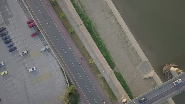 An aerial top view of the bridge over the River Sava in Brcko, Bosnia and Herzegovina