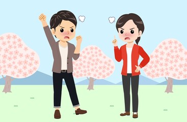 Young men and women in front of Sakura in spring