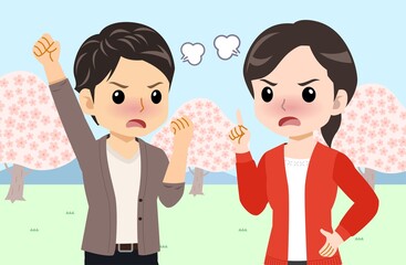 Young men and women in front of Sakura in spring