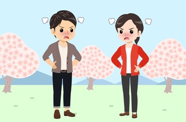 Young men and women in front of Sakura in spring