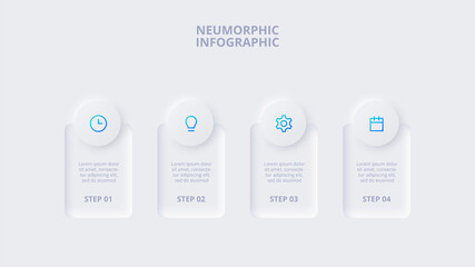 Neumorphic elements for infographic. Template for diagram, graph, presentation and chart. Skeuomorph concept with 4 options, parts, steps or processes