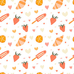 Valentines day seamless pattern, background, vector, strawberry, croissant