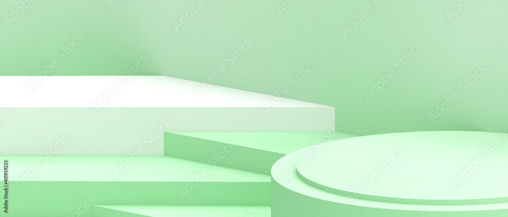 Poster abstract minimal podium geometric shapes cylinder and square box concept with on green background.sh