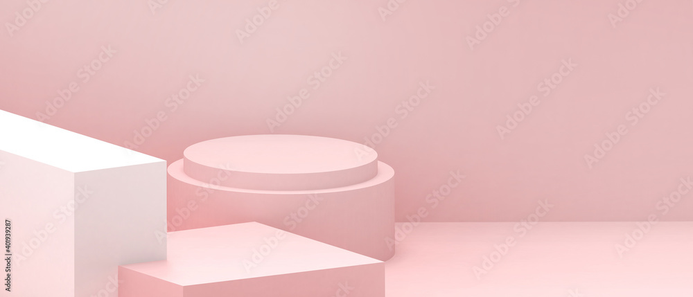 Poster podium abstract with geometric shapes and stage showcase minimal on pink wall background for product