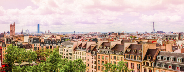 Panoramic view aerial skyline of Paris on city center. Landscape of Eiffel Tower, Sacre Coeur...