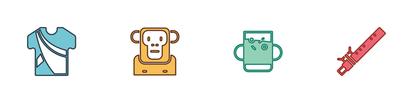 Set Indian man dress, Monkey, Cup of tea and leaf and Bamboo flute indian icon. Vector.