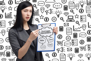 Business, technology, internet and network concept. Young businessman thinks over the steps for successful growth: Customer engagement
