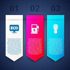 Set Label for eco healthy food, Electric car charging station and LED light bulb. Business infographic template. Vector.