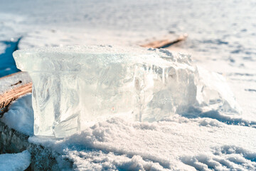 Ice hummocks on a frozen river. Huge chunks of ice close-up. Winter background