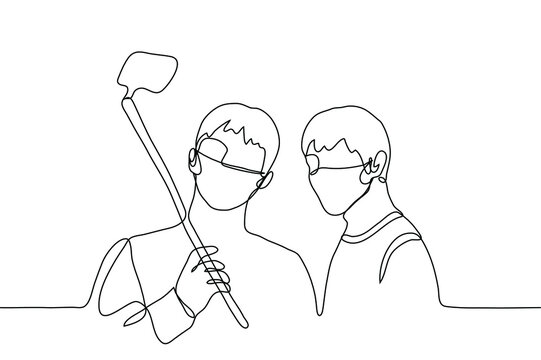two guys in masks take a selfie on a smartphone. one line of pictures two male friends posing and taking pictures of themselves, one of them holding a selfie stick with a phone