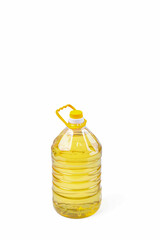 Plastic bottle of cooking oil with handle on white background