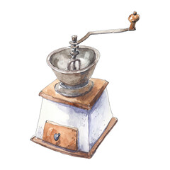 Watercolor manual coffee grinder hand drawn in watercolor sketching style. Food illustration, design element isolated on white background.