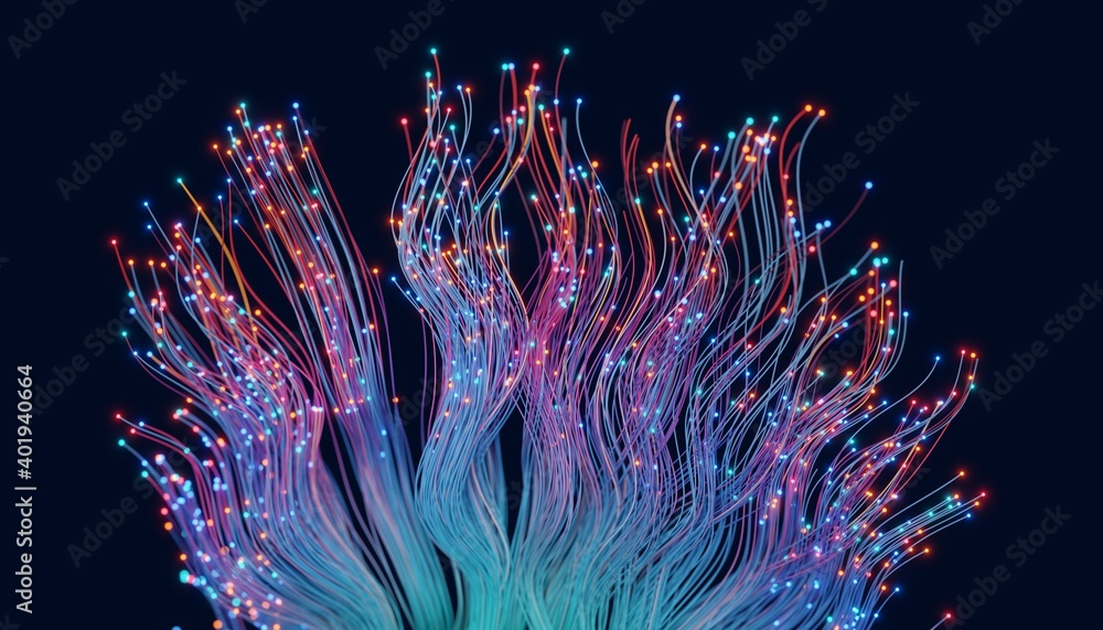 Poster abstract glowing pink and purple fibers on a dark background, shallow dof. 3d render / rendering.