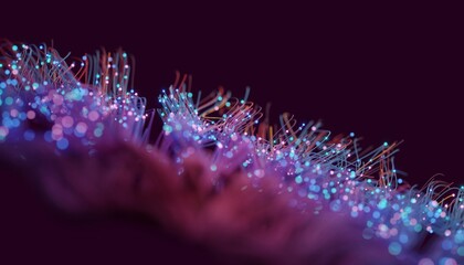 Abstract glowing pink and purple fibers on a dark background, shallow DOF. 3D render / rendering.
