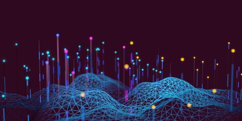 Abstract blue and red network or mesh with lights. Big data technology. 3D render / rendering.
