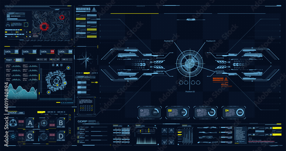 Poster Advance HUD control center. Graphic Dashboard Head-up display and Futuristic User Interface GUI, UI. FUI. Virtual reality game screen interface template, mockup. Spyware app for tracking GPS. Vector