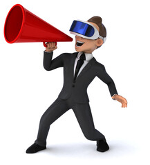 Fun 3D illustration of a cartoon businessman with a VR helmet