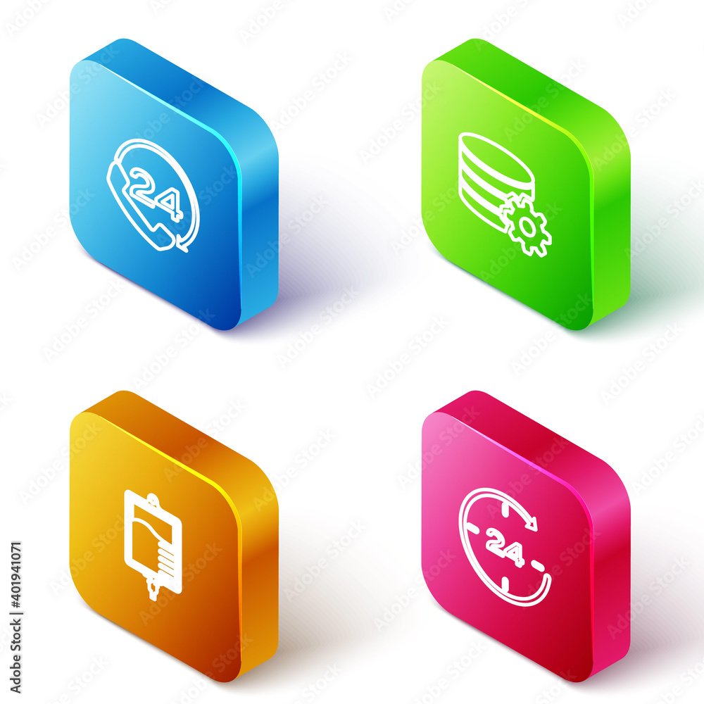 Poster set isometric line telephone 24 hours support, setting database server, iv bag and clock icon. vecto
