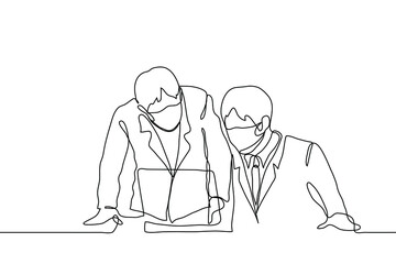 two men in office suits and masks are looking at a laptop screen, one is sitting the other is standing with his hands on the table. one line drawing concept work check, boss and worker