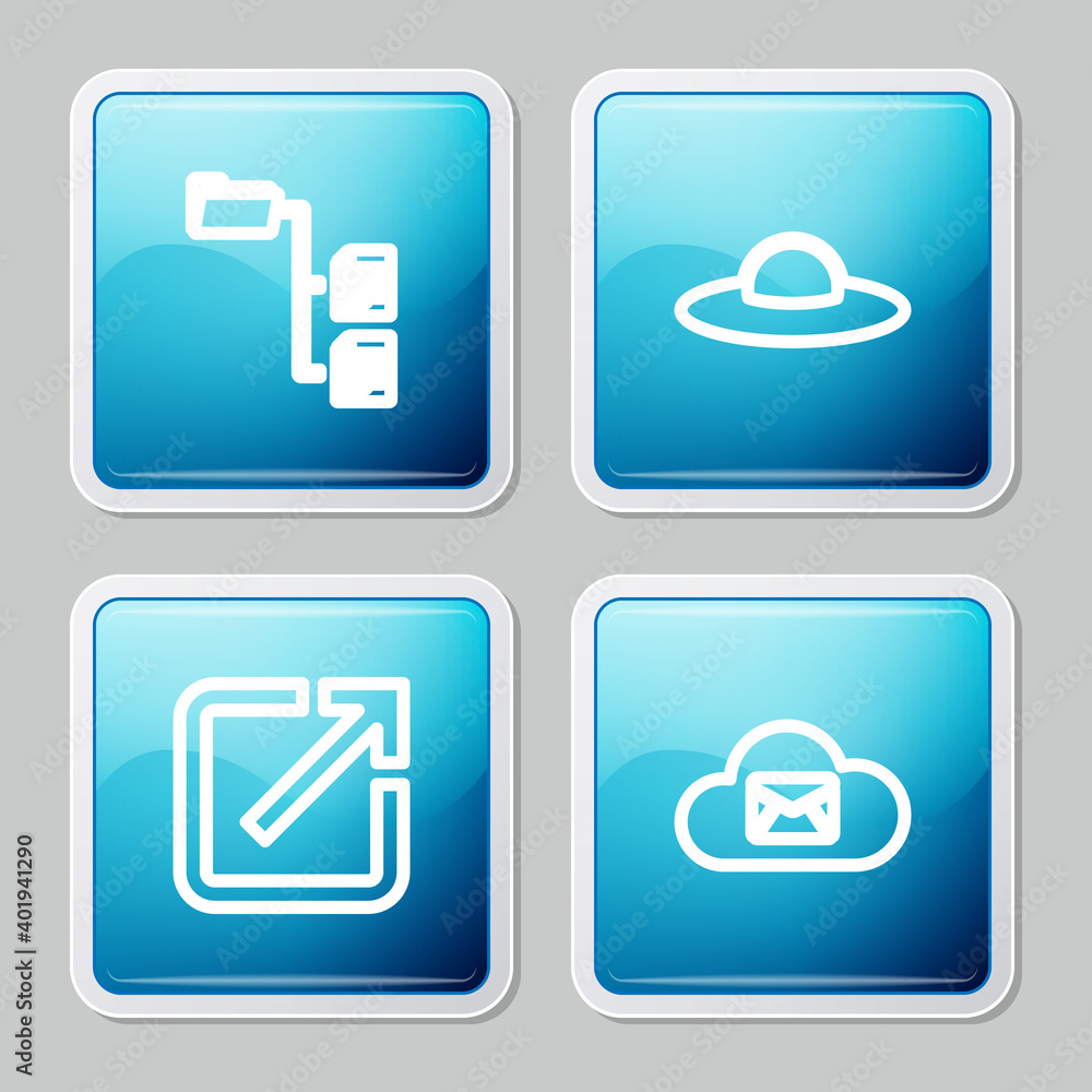 Poster set line folder tree, ufo flying spaceship, open new window and cloud mail server icon. vector.