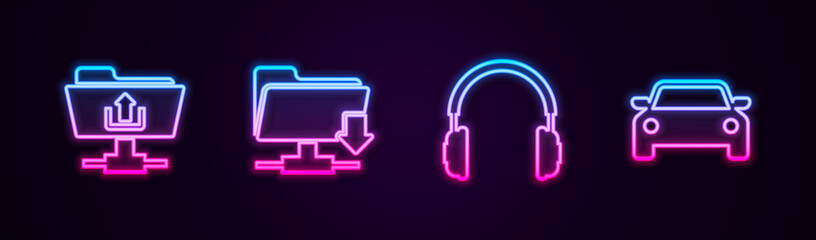 Set line FTP folder upload, download, Headphones and Car. Glowing neon icon. Vector.