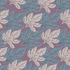 Botanical seamless pattern with simple grey and blue pastel leaf elements. Purple background.
