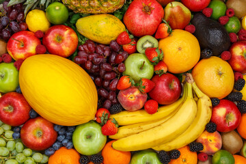Food background fruits collection apples berries banana oranges fruit