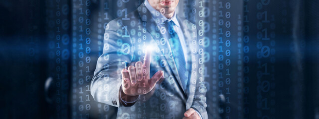 Big data statistics and business analytics concept. Binary code Information on virtual screen and data center background.