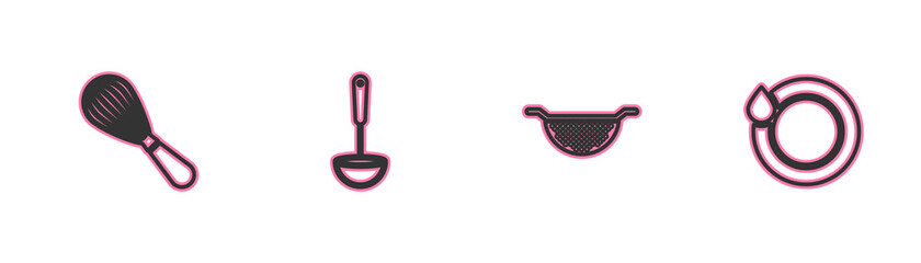 Set line Kitchen whisk, colander, ladle and Washing dishes icon. Vector.