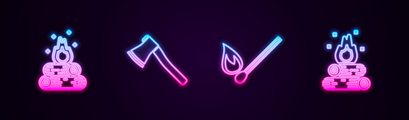 Set line Campfire, Wooden axe, Burning match with and . Glowing neon icon. Vector.