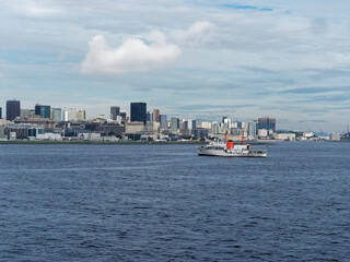 the Japanese Navy Oceanographic Survey Vessel Sirius moored in front of the Santos Dumont Airport on the edge of the City of Rio de Janeiro.