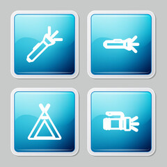 Set line Flashlight, , Tourist tent and icon. Vector.