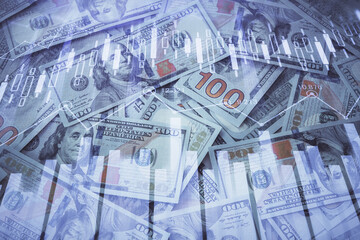 Double exposure of forex graph drawing over us dollars bill background. Concept of financial markets.