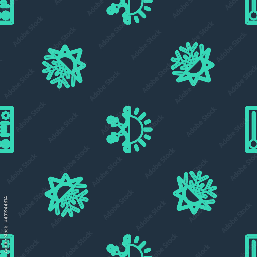 Poster set line sun and snowflake, and meteorology thermometer on seamless pattern. vector.