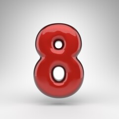 Number 8 on white background. Red car paint 3D number with glossy metallic surface.