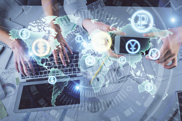 Multi exposure of man and woman working together and forex graph hologram drawing. Financial analysis concept. Computer background. Top View.