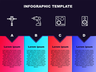 Set line Construction jackhammer, Electric cordless screwdriver, Gas stove and Stereo speaker. Business infographic template. Vector.