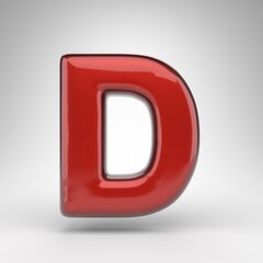 Letter D uppercase on white background. Red car paint 3D letter with glossy metallic surface.